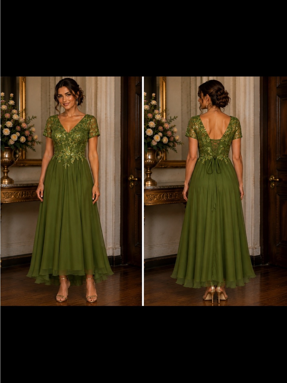 No Boundaries Olive Lace Bodice V‑Neck Midi Dress